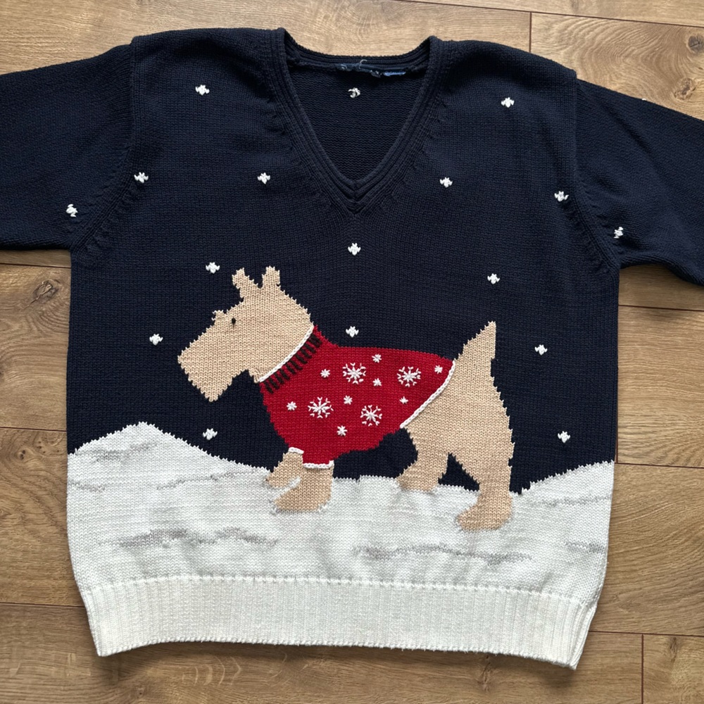 Vintage Scottie Dog Christmas Sweater | Liz Claiborne Style | Navy Knit